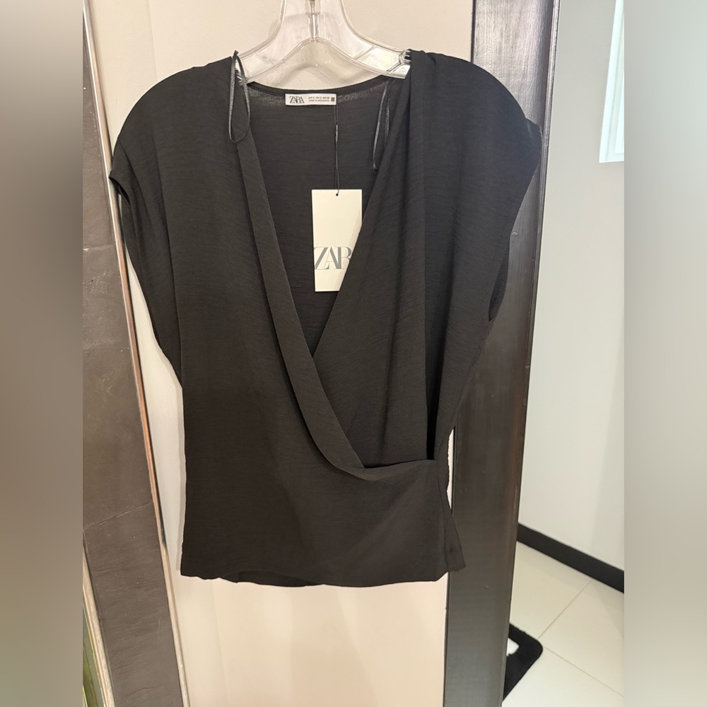 Zara Black Wrap Cap Sleeve Blouse